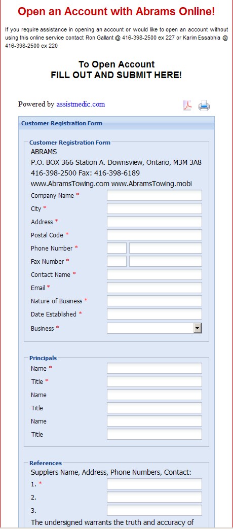 Abrams Customer Registration Form Online