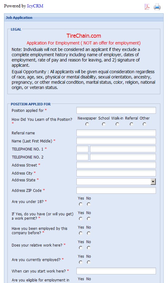 tirechains.com Employment Application Form Online